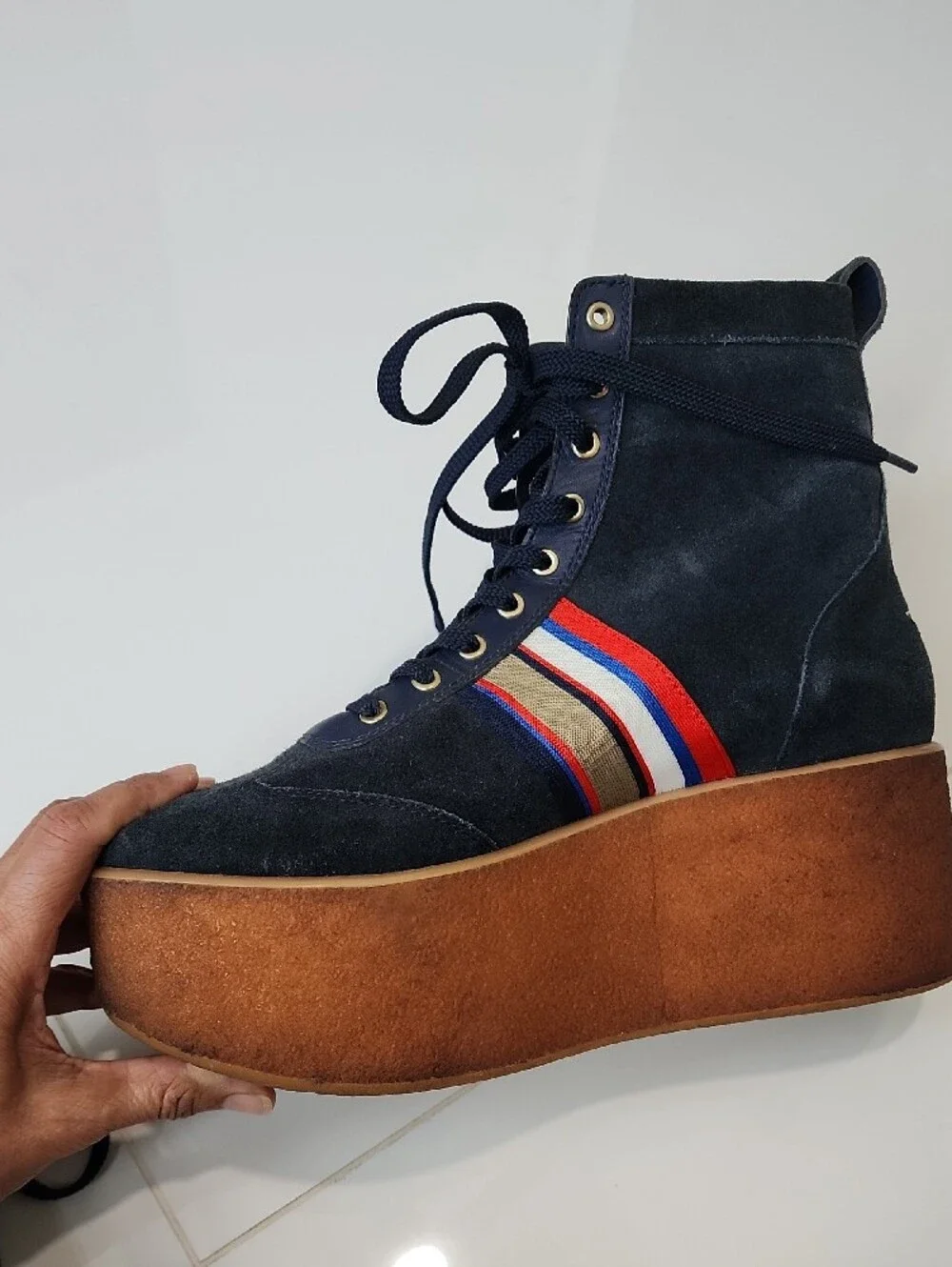 Tory Burch Navy Suede Platform Lace-Up Boots with Tricolor Ribbon Accent